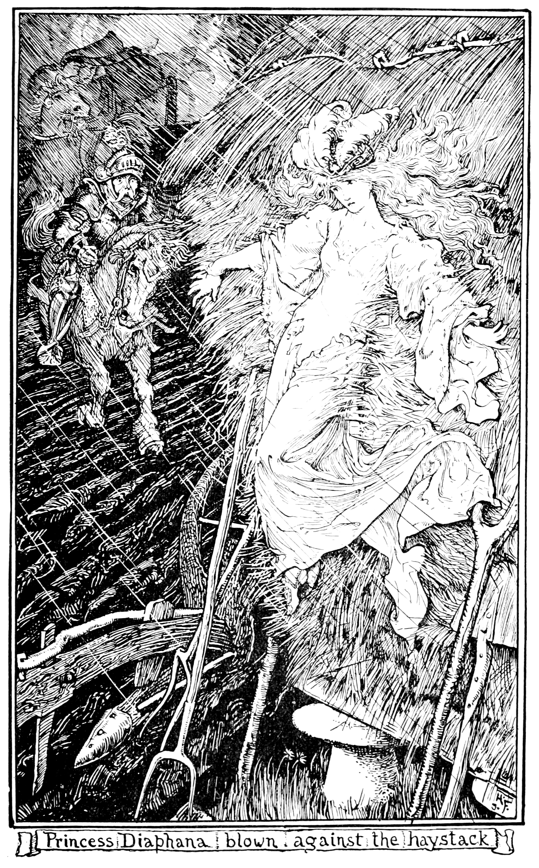 black and white illustration of. Amount man reaching out to a young woman as she is blown away by the wind.