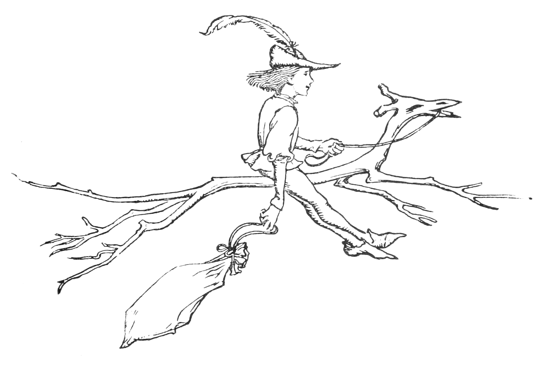 a small young man with a feather in his hat pushes a woman styled like a witch into a well with one hand while holding a very bright lamp in the other.