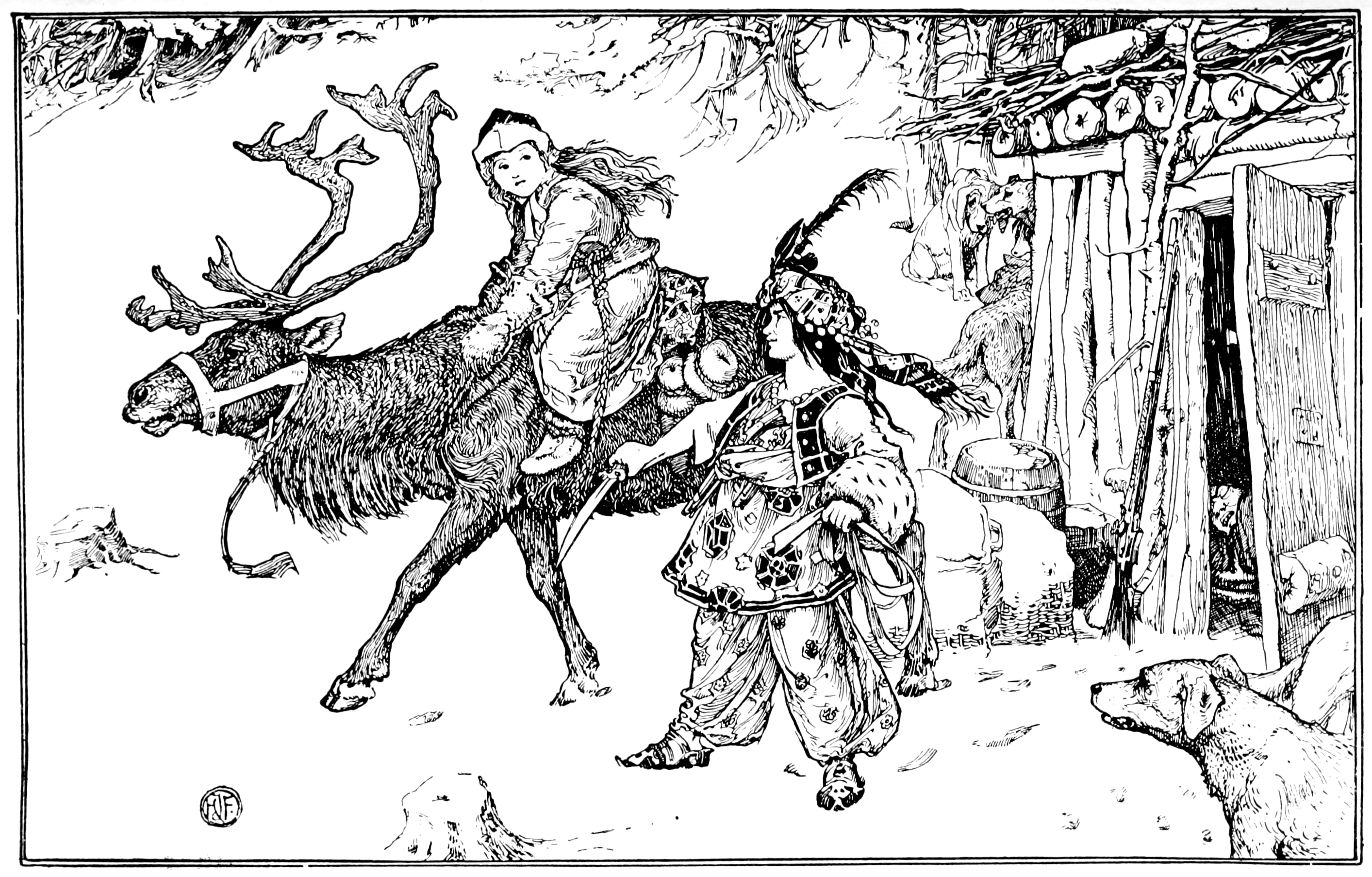 black and white illustration of a boy and a girl embracing on their knees. The big is wearing a dark hooded jacket, plain trousers, and boots. The girl has long light hair and is wearing a light dress and is barefoot. Behind them is a large frozen lake covered in cracked ice and there are ice shards forming the frame of the image below them.