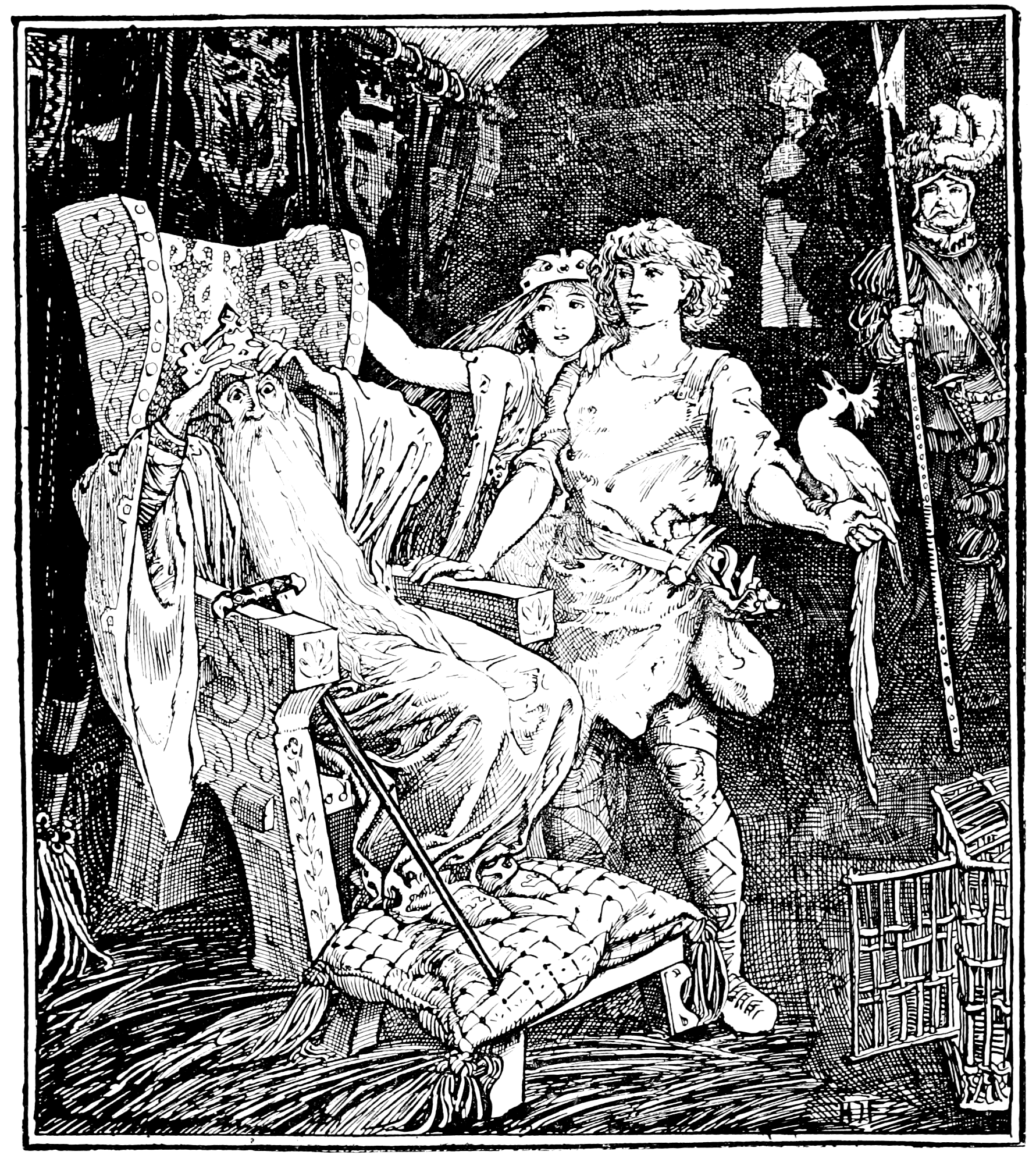 black and white illustration of a troll who has just jumped and slammed his head into a spike on the ceiling with a chunk falling into the stew pot below. The troll has a large head and large pointed ears and seems to be wearing no clothing except possibly slippers but his body is wrinkled in a way that may indicate some kind of bodysuit. He is looking at the viewer very smugly. The stewpot is an old fashioned cauldron with legs, the spike is set into the ceiling. Beyond that there is no background visible.