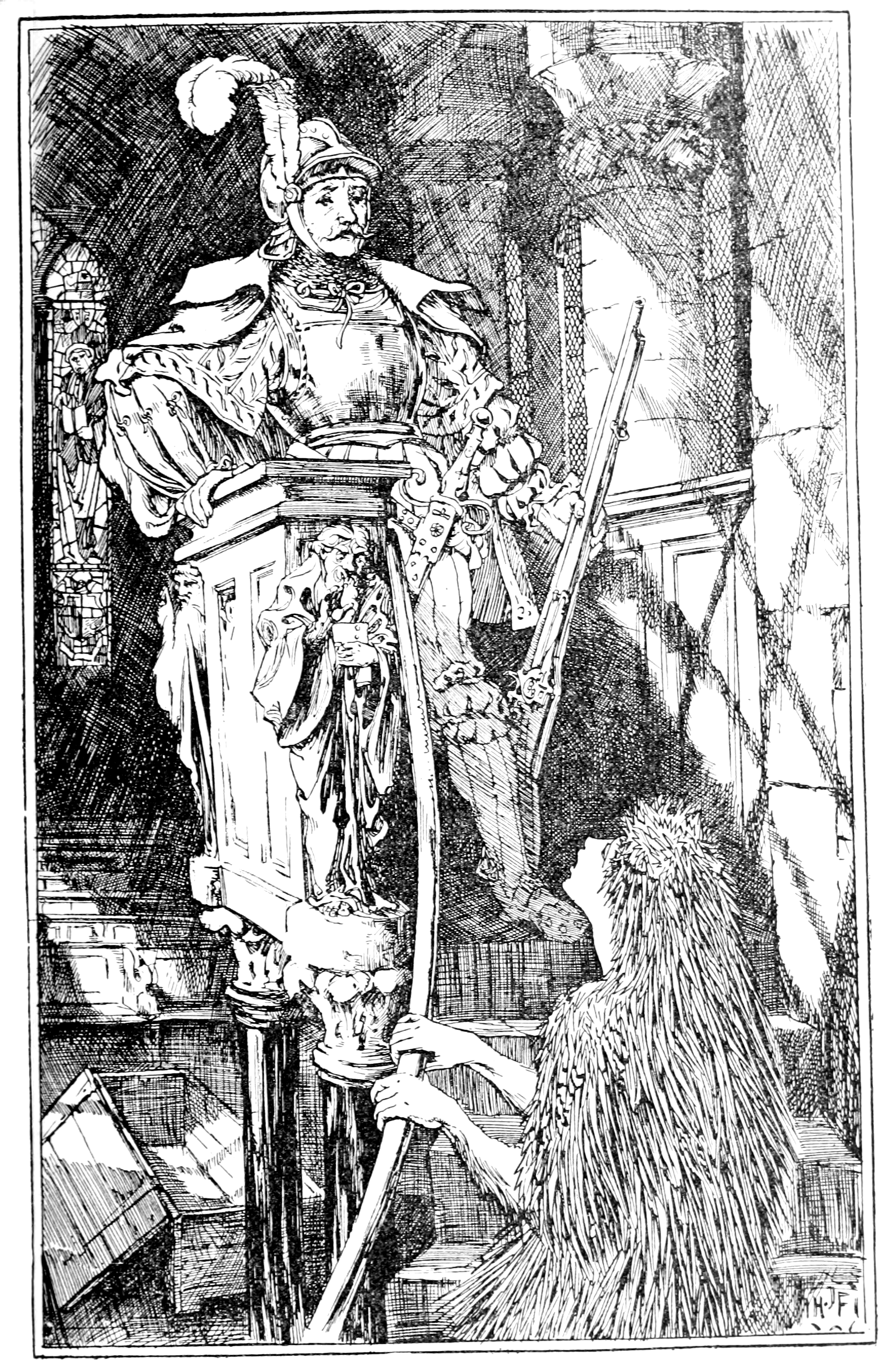 black and white full page illustration of a man crouching down to wrap his cloak around a young woman who is half-laying half sitting on the stone floor of the church. The man is wearing fancy armor with a sword in an ornate sheath at his belt but has left off his helmet. The young woman wears her white burial shroud and has wavy hair. An ornate altar is visible behind them.