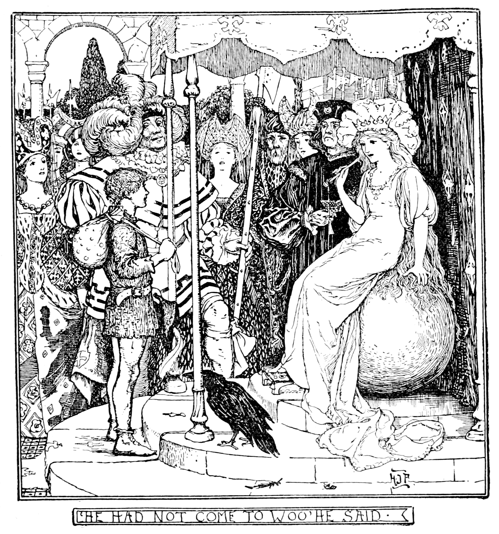 black and white full page illustration of a little girl riding a reindeer while another little girl stands nearby looking very pleased with herself. The girl on the reindeer is dressed warmly with large gloves, a hat, and boots and her light hair is flowing behind her. The girl seeing her off holds a long curved knife amd is dressed in a vaguely “Turkish”-looking outfit with pointed slippers, a loose tunic and baggy pants in a bold stylized floral print, and a turban style hat with a large plume in it. There is a ramshackle wooden building with its door open to one side and open snow on the other. In the foreground there is a dog looking somewhat displeased with the proceedings