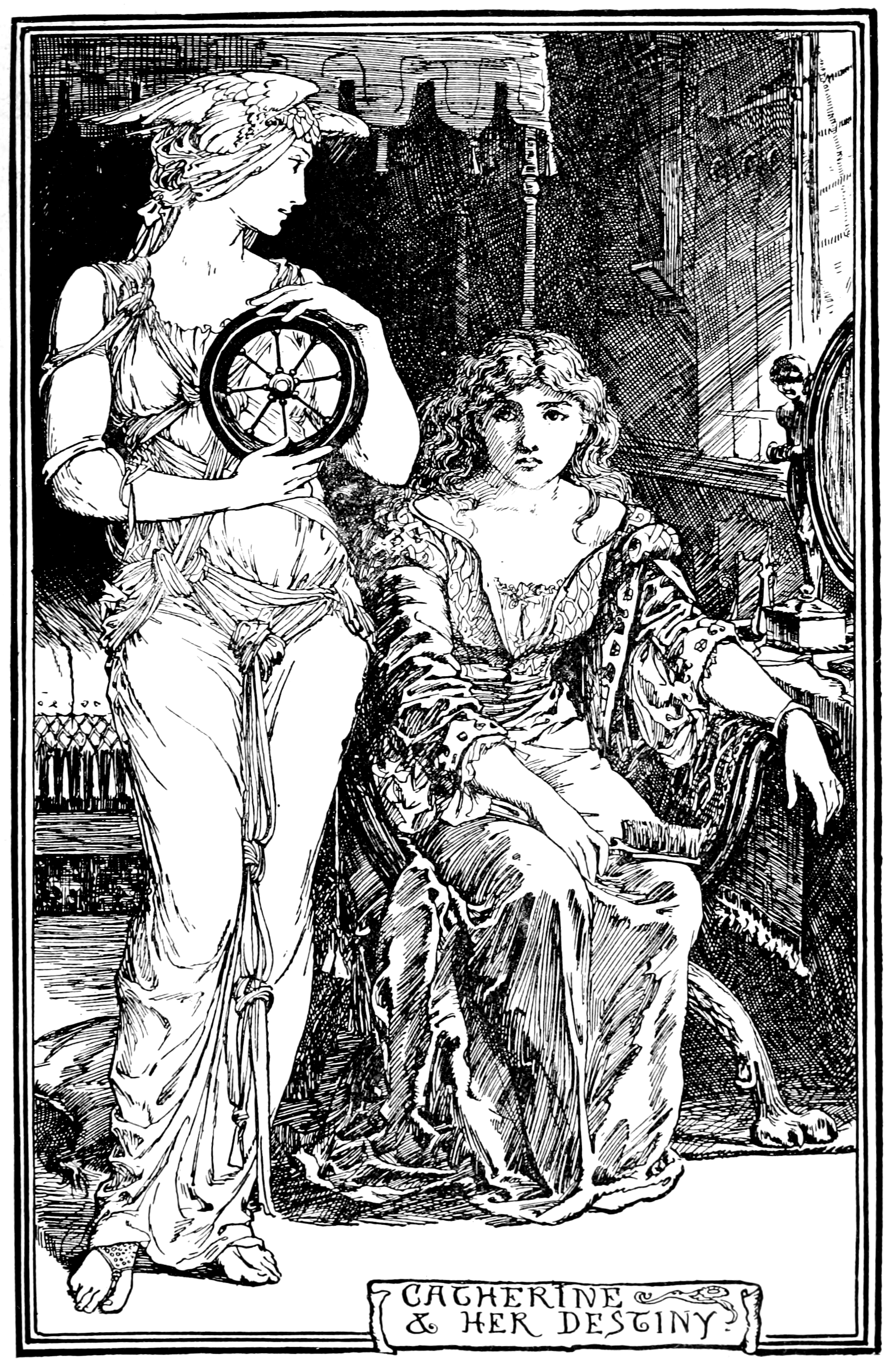 black and white image of a stern-looking man lowering his crown onto an enormous scale already heaped with treasure as an ornately dressed and styled woman looks on. The other side of the scale has only a small ball of thread on it yet is level with the ground as the heavier side while the treasure is raised. The man wears a flowing robe lined with ermine and with an ermine caplet and an ornate cap. The woman wears a flowing gown with puffy sleeves and has a feather in her hair.