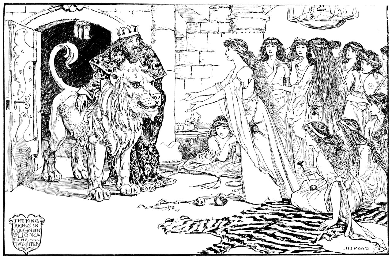 black and white full page illustration of a crown and ornate robes standing in a doorway with his arm around a life-sized metal statue of a lion as he shows it to a group of twelve identical young women wearing identical dresses, some sitting, some standing. One of the standing women is stepping forward her with arms outstretched to the lion as if to accept it. One of the sitting women has a spindle in her hand and a ball of thread in her lap. The room is stone and there is a tiger-skin rug and a few balls on the ground and the door still has a large key in it’s lock.