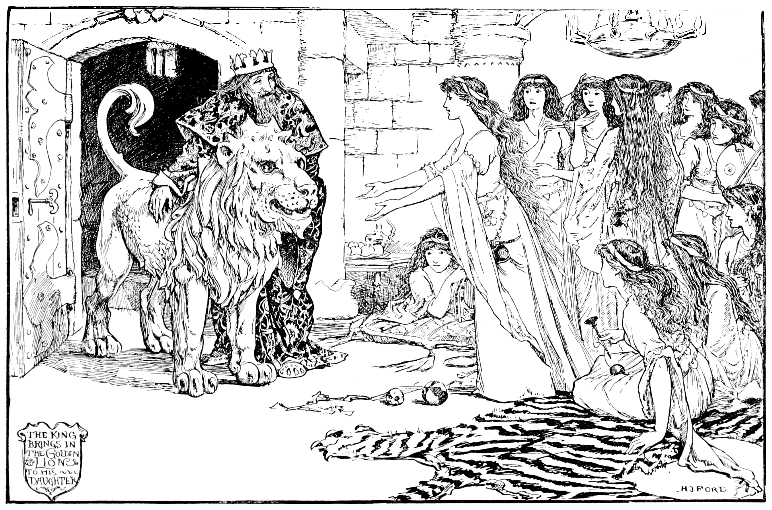 black and white illustration of a woman in the middle of picking a sprig of rosemary looking behind her in surprise where a man has stepped out of the bushes.