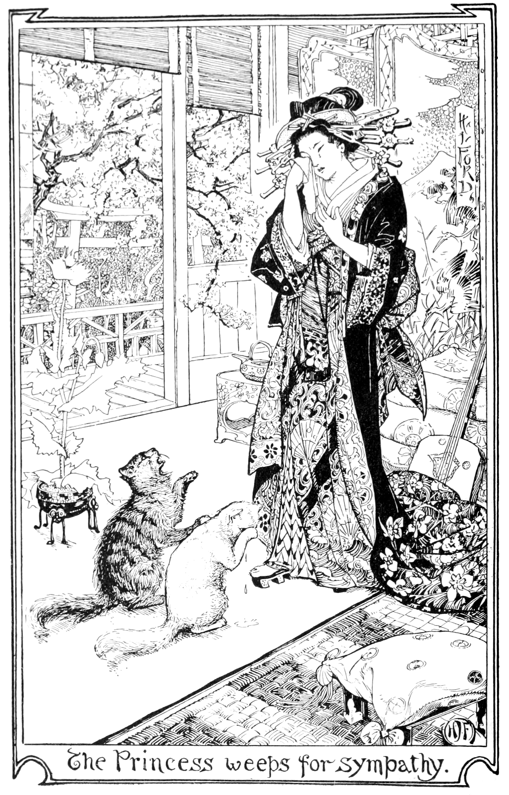 black and white full page illustration of a man riding a horse with wings over a house while a dragon cranes it’s neck through the window to look up at them. The horse has wings on its ankles as well as it’s back and the man wears a silly hat