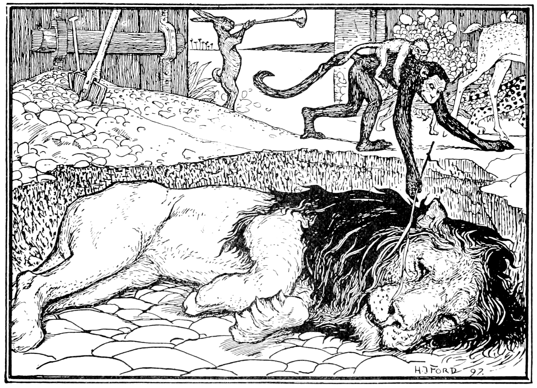black and white illustration of an old woman seated in the floor rearing away from a pair of snakes coming out of a chest. The old woman wears wrapped hooded robes with a knife tucked into her belt. The snakes have large leaf-like scales and are painting their forked tongues at the woman in a menacing manner. The key to the chest is still in the lock and visible behind them is a porch, long grass, and a bit of moonlit sky over mountains.