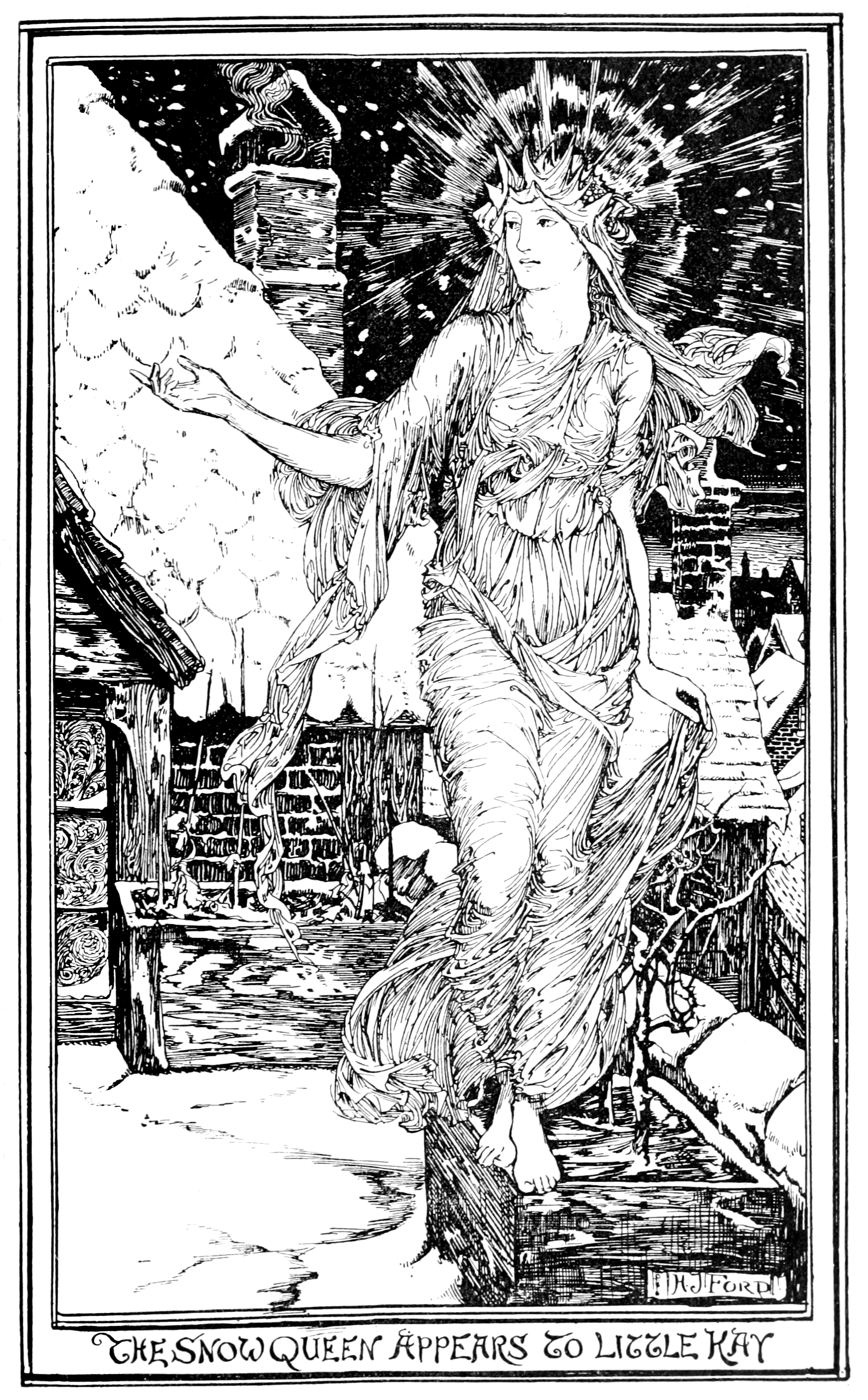 black and white full page illustration of a woman in a white fur hooded cloak standing barefoot on an ornately carved horse-drawn sledge as she drapes her cloak over a little boy huddling at her feet. She is holding the reins loosely in her hand and wears a loose dress with a belt with heart decorations on it and the boy is wearing a dark hooded coat . There is a flurry of large white birds around her and falling snow is visible against the night sky behind them.