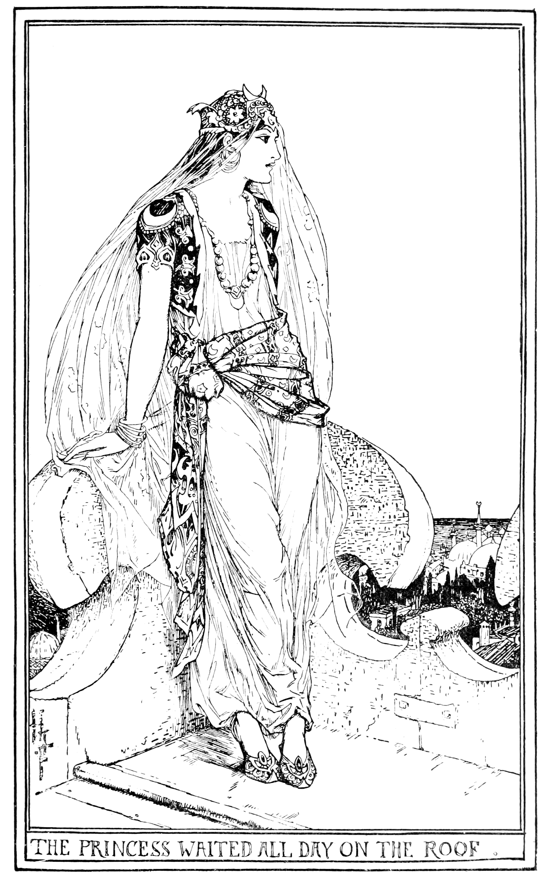 a black and white illustration of a snowman speaking to a dog. The snowman is lumpy but is more detailed and humanoid than snowmen are usually depicted, posed with hands on hips. The dog is midsized with a fluffy tail and is chained to the wall and looks somewhat alarmed. They are in a fenced-in snowy yard with a frozen pond visible behind them, and the moon can be seen behind the fence partly obscured by some mountains.