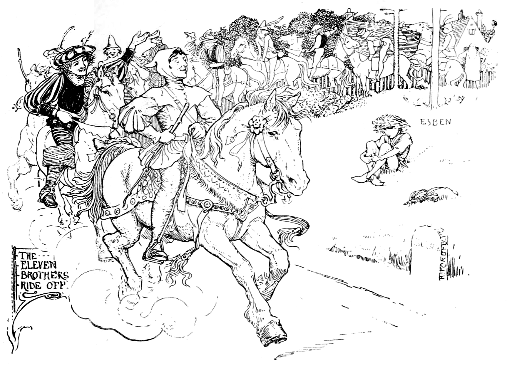black and white illustration of a young man stripping the bark off of a horse shaped branch with a knife.