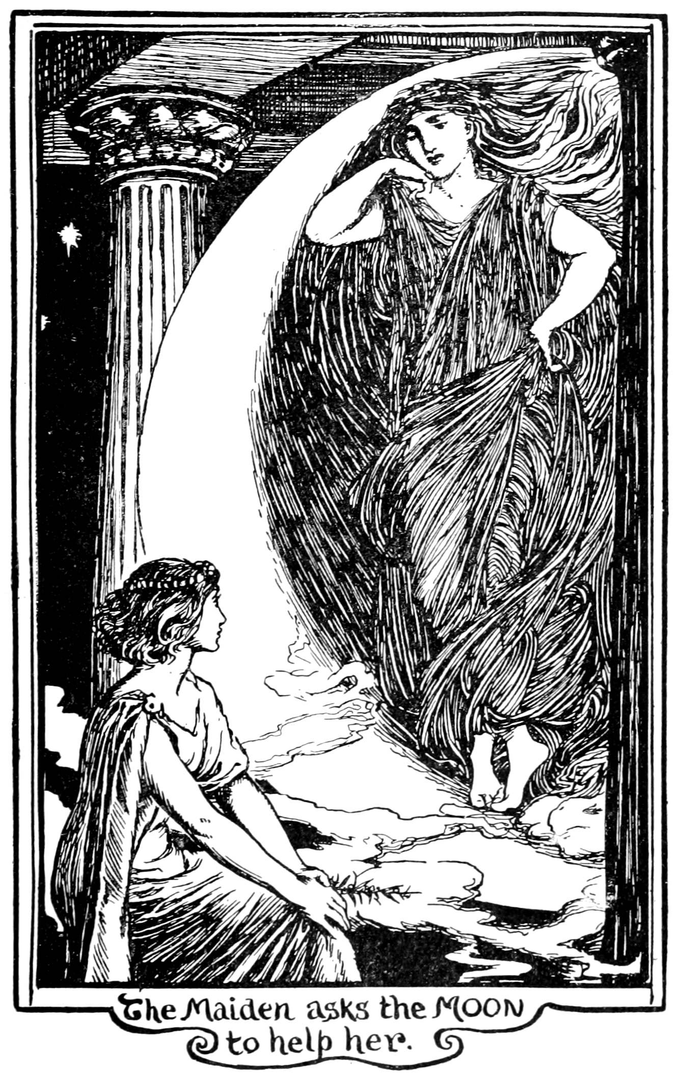 a man looks on thoughtfully as a dove flies out the window and a witch with a dough-trough strapped to her back walks in the door.
