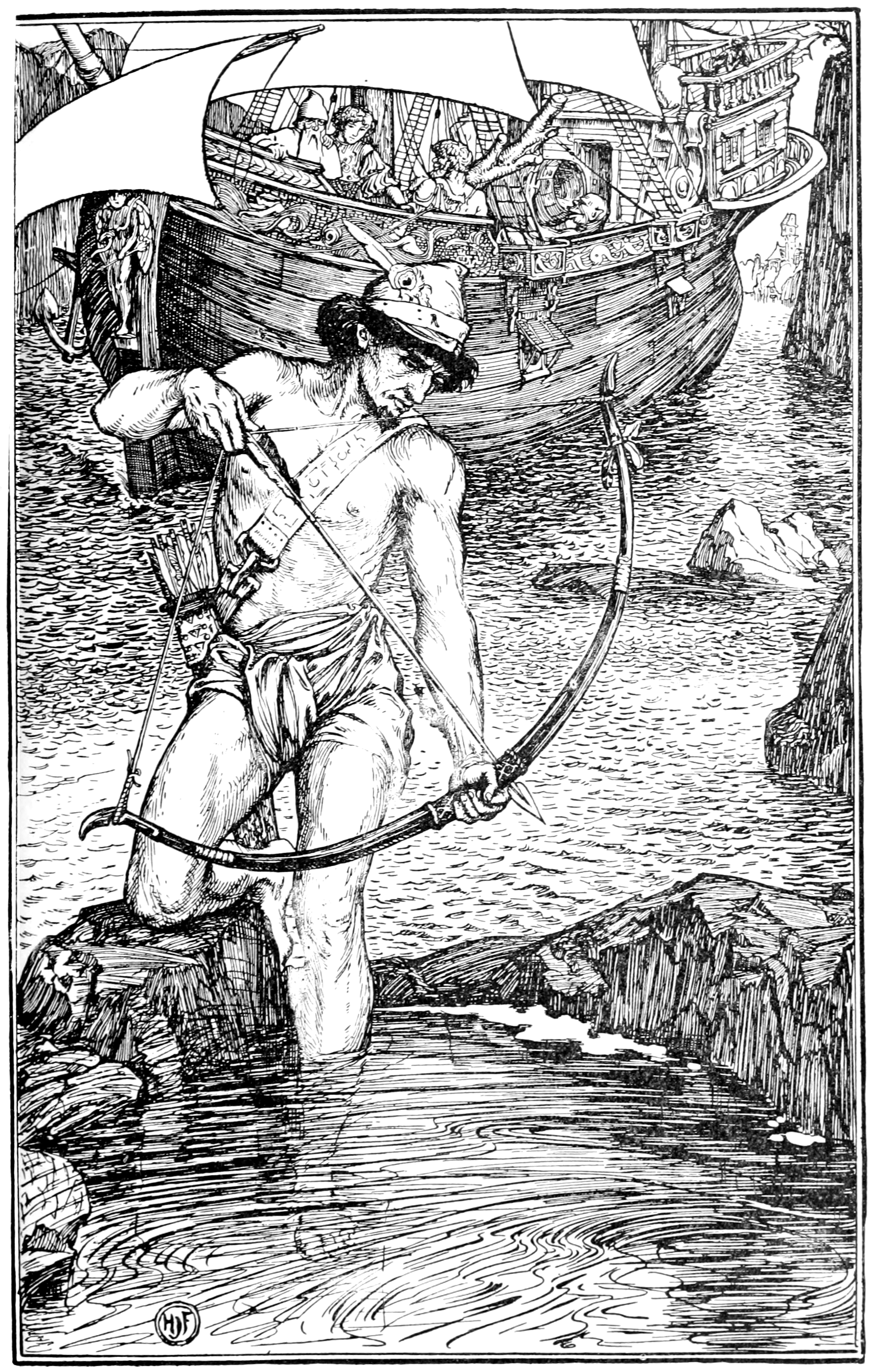 black and white illustration of a man on deck the of a ship opening a large sack over the edge from which fog is pouring out. The man has dark skin and is shirtless wearing a cap and a necklace of pointed beads which may be claws or fangs. Behind him stands a light skinned young man and woman the woman in ermine-and velvet robes with a matching hat and an old man in plain hooded robes grasping part of the ship.