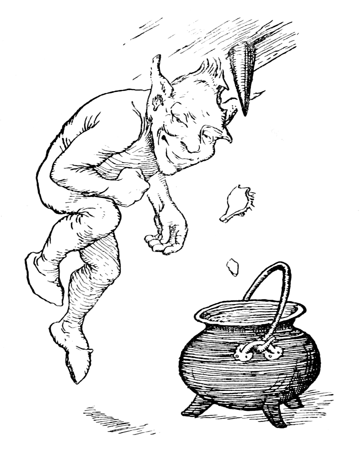 black and white illustration of three people seated at a table: a troll an old man, and a young woman. He troll sticks two fingers into the air which give off light and smoke. The old man looks shocked stopping with food still on his knife, the young woman calmly passes a plate. The troll is more or less human though with a large head and face and large slightly pointed ears. He wears a fairly simple shirt and trousers with a cap and pointed shoes. The woman has a long braid tied in a bow, a light “peasant” style dress and darker bodice. The old man has a long beard and is bald on top. The table is rough hewn with legs that look like branches and the whole room seems to be in a small cavern.