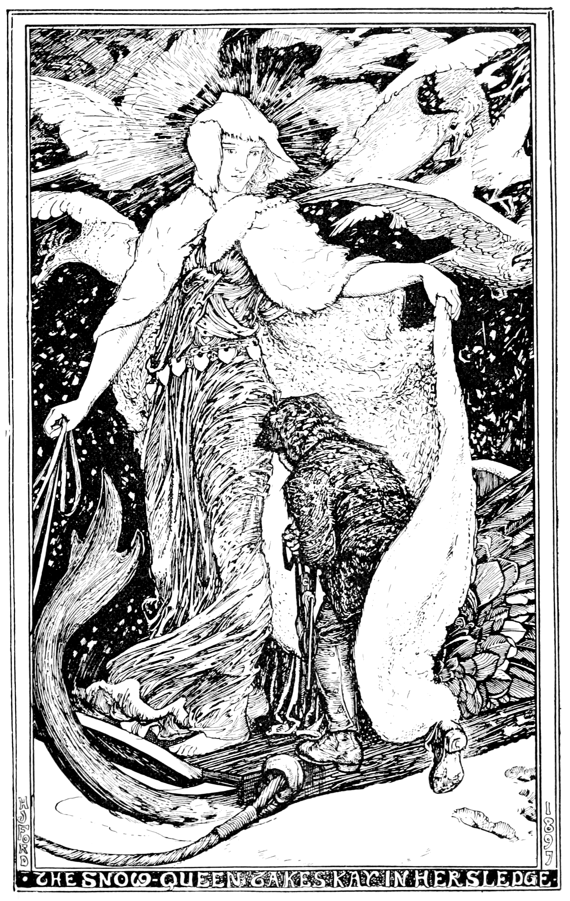 black and white illustration of a girl in a puffy-sleeved dress and a crown sitting on a giant pearl under an ornate canopy on a dais holding a puffy-feathered fan behind her head. She is looking at a boy in a plain tunic and patched leggings with a bag slung over his shoulder. The room is full of other fancily dressed people. On the dais between the girl and the boy is a large crow.