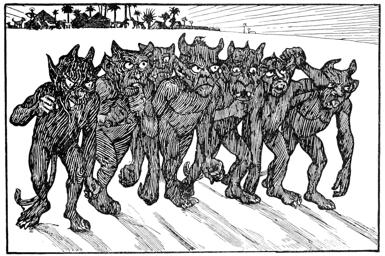 black and white illustration of seven nyamatsanés (depicted as imp-like creatures with long arms, pointed ears, horns, and long tails. They are otherwise humanoid and have dark skin and somewhat short legs). They are in a desert, all in a row with their shadows cast ahead of them striding forward. In the background far behind them a village, with small houses, palm trees, and the figures of several dogs and a one human in a triumphant pose barely visable. One of the nyamatsanés is shaking their fist and all look disgruntled.