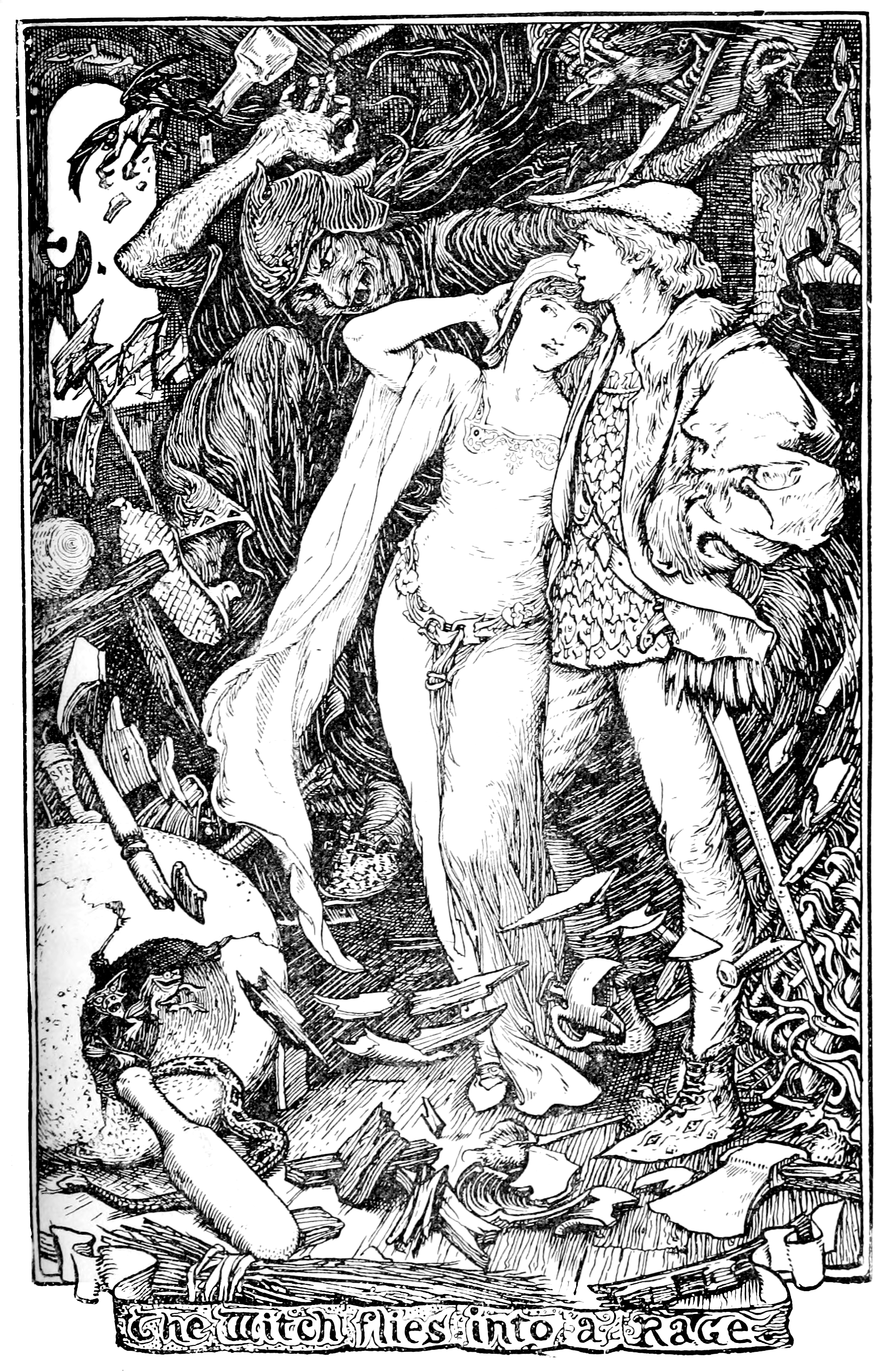 black and white full page illustration of a man dressed as a jester clasping a woman about the waist while a king and an an angry man in a pinged hat and leopard skin look on. In the foreground are several barrels filled with coins.