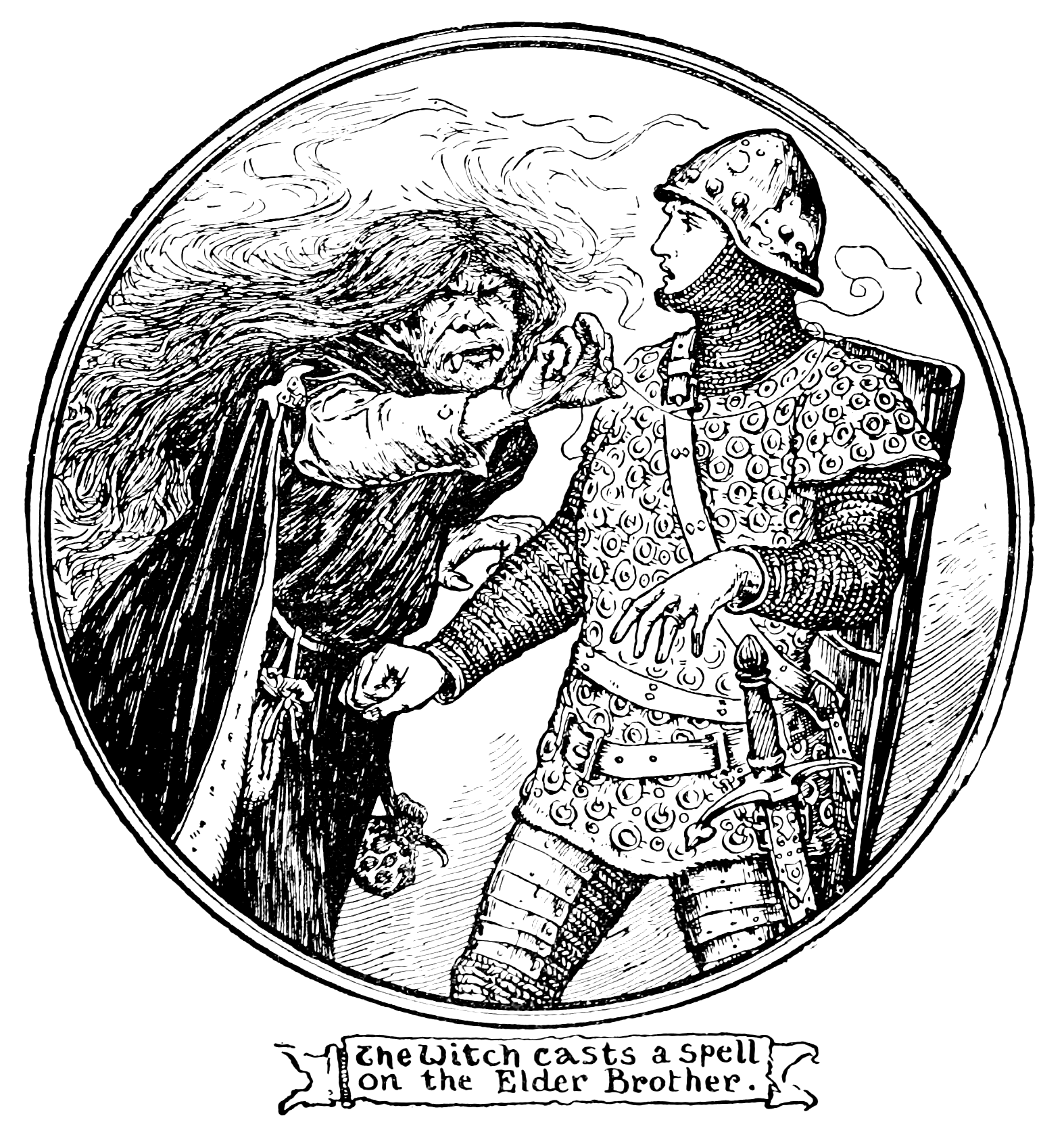 black and white illustration of a young man with his back turned reading a sign. He is dressed finely with an ornate hat with a large feather in it, a large flowing cape or cloak with the hood down, puffed sleeves, and pointed shoes. The sign is slightly obscured by the young man but what is visible reads: “Whoever can find the King’s Daughter within eight days [missing word] have her to wife [missing] try & fail [missing] forfeit”. The sign is at the docks and there are a few people including a fancy person in a tall hennin and a man in plain clothing with a knife in his belt sitting on a barrel drinking out of a mug and a large ship visible behind it.