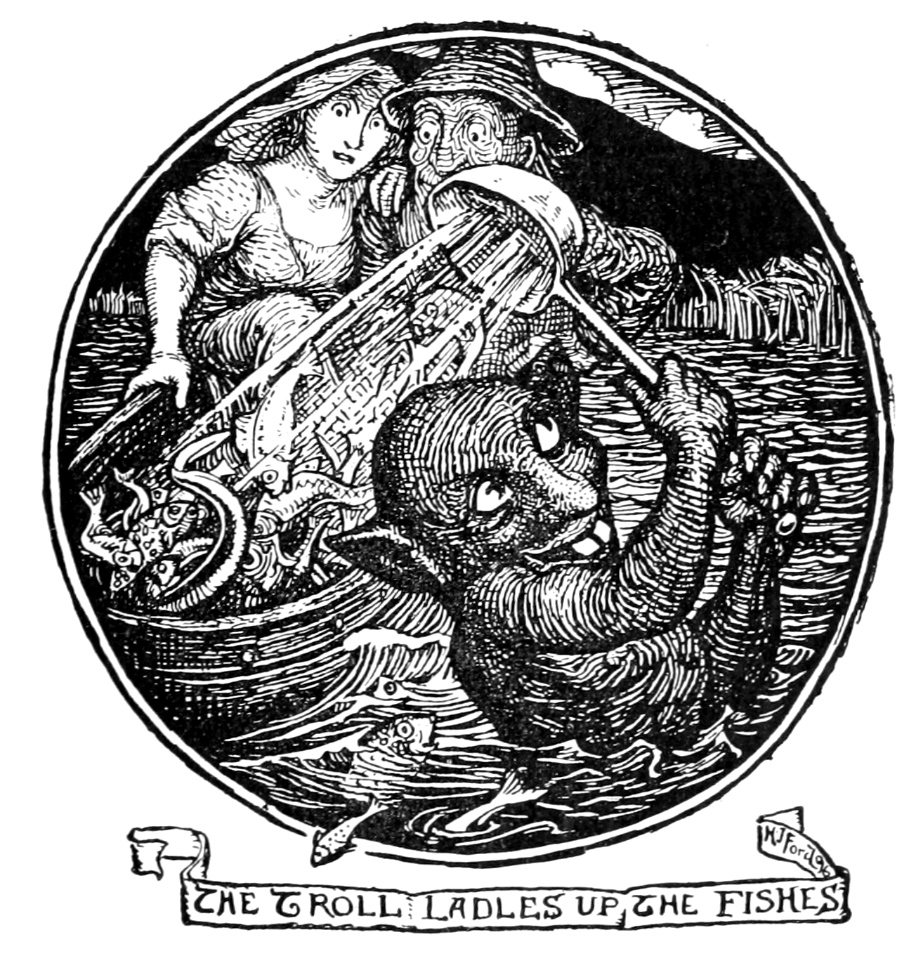 black and white illustration of a young-looking woman in finery, including a long veil dangling from her head, hanging by her dress from a small planter hook set into the side of a tower. There are stone gargoyle heads and a windowsill visible above her and a town and castle below.