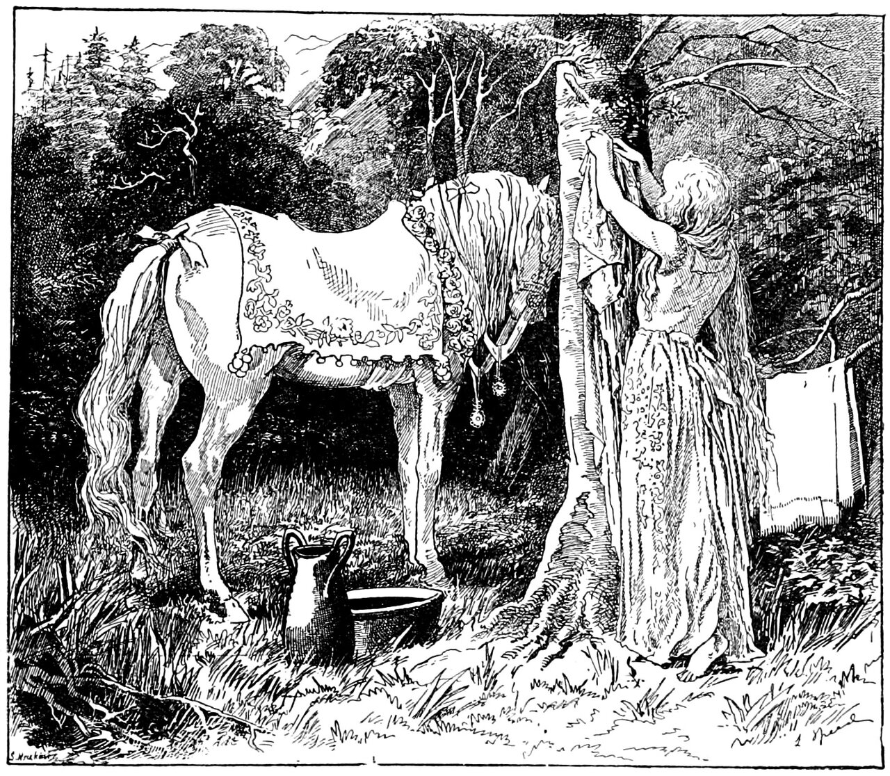 The good man's daughter stands barefoot with her back to the viewer at the trunk of a birch in a wood, her long hair loose down her back and both arms raised to a pale cloth that hangs down the bark, while beside her a light horse with a long flowing mane and tail stands with its head toward the tree in an embroidered cloth bordered with flowers and hung with small round bells, a ribbon bow tied in its mane, and a two-handled ewer and a wide shallow basin stand in the grass at its feet with a second white cloth hanging from a branch at the right