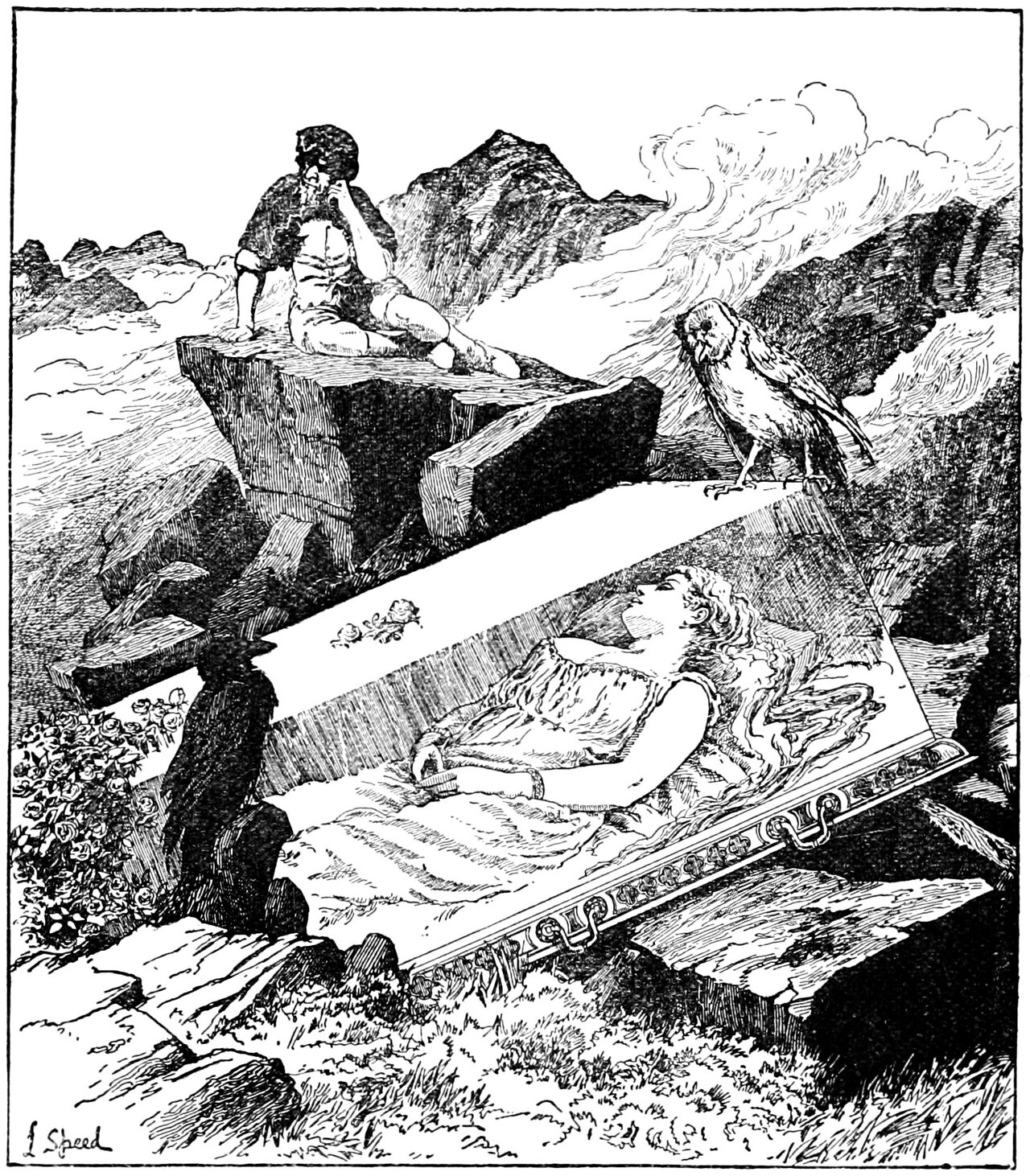 Snowdrop lies in a glass coffin propped on rocks below the mountain peaks, her long hair loose about her and her hands laid together at her waist, with an owl perched on the corner of the lid, a large black bird on the rock at the coffin's head, roses growing beside it, and one of the Dwarfs seated on the ledge above with his chin propped on his hand