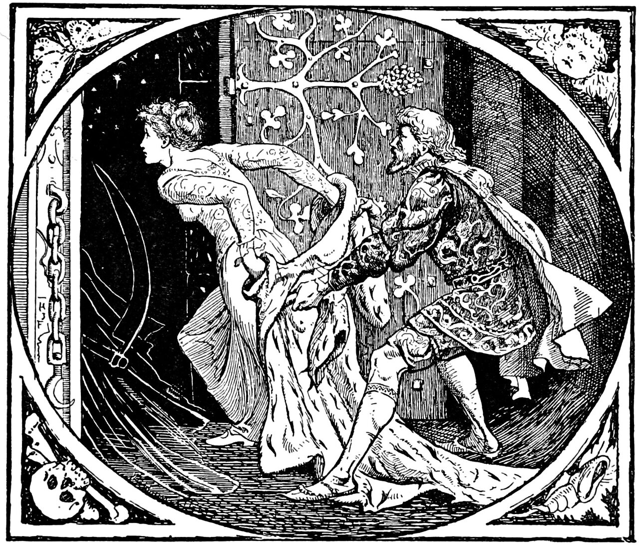 In an oval vignette, the rich man's wife bends forward almost double at an open door, in profile with her hair coiled and bound, her arms swept back so that a heavy embroidered coat slides off them, while her bearded husband, barefoot in a short patterned tunic and cloak, leans after her and grips the coat in both hands; a plank door with scrolled iron hinge straps stands behind them, a slack chain and hook hang on the pale door post at the left, a scythe blade curves up from a shaft laid across the paved floor in the darkness beyond the threshold, and the corners of the frame hold a spotted moth, a winged child's head among clouds, a skull with a bone, and two chrysalis-like grubs