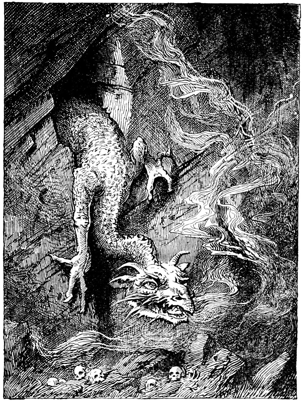 A great horned dragon comes head first down a rock face, one clawed forelimb braced against the stone and its whiskered jaws held low over the ground, while a broad cloud of vapour streams away to the right and human skulls lie scattered in the foreground