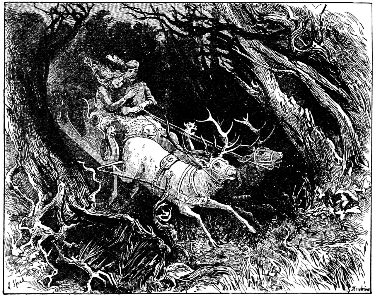 Percinet drives a low carved sledge drawn by two harnessed stags at full gallop through a dark wood of twisted trees and roots, Graciosa sitting beside him with her long hair streaming back and one hand laid on his arm