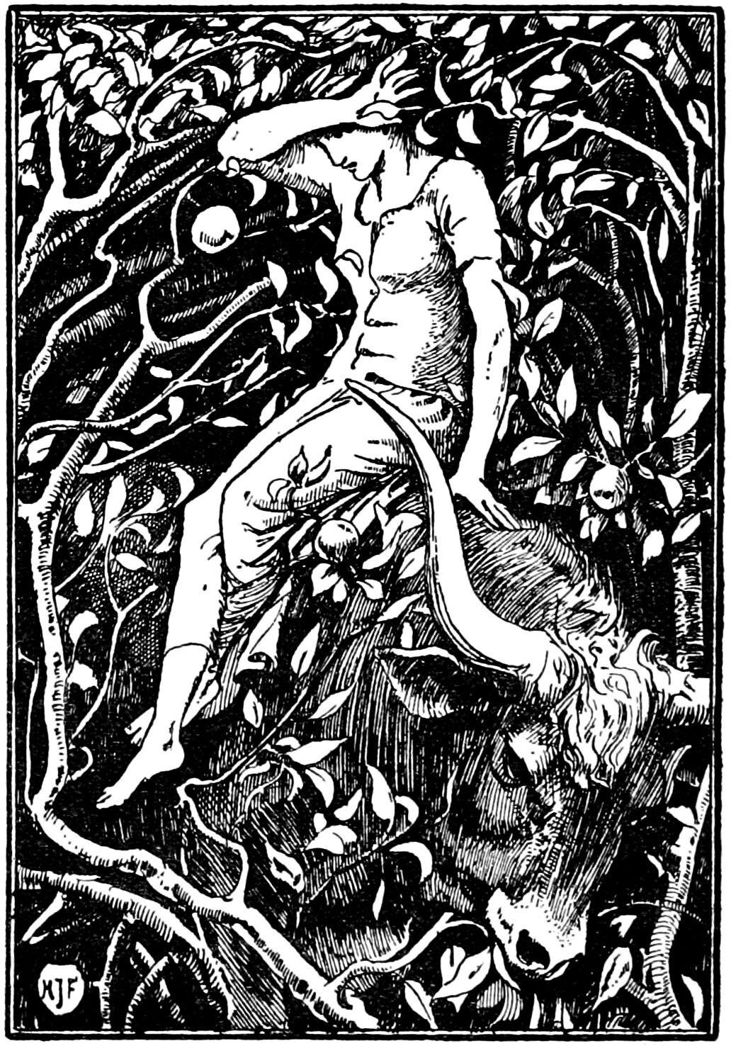 The King's daughter rides on the Blue Bull's back through a wood so thick that the boughs close over her, her head bent, one arm flung up with the hand open among the leaves and one bare leg and foot hanging down, round fruits hanging on the branches about her, and the Bull's shaggy head with its long curved horn pushing through the tangle at the lower right