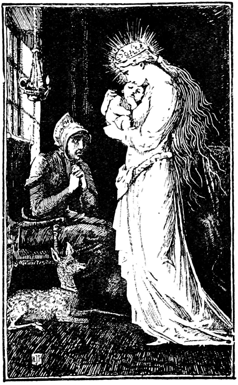 In a dark chamber at night the Queen, crowned and with rays of light spreading behind her head, stands in a long trailing white robe with her loose hair falling past her waist, her head bowed over a naked baby held against her breast, while a seated watcher in a tall ornamented cap and heavy hooded robe looks up at her with hands clasped beneath the chin, beside a window where a lamp burns, and the little Roe lies on the floor in the foreground with its head raised
