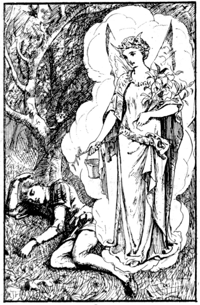 A crowned, winged woman in a long trailing robe stands in a wood before a great billow of cloud, an armful of long-stemmed lilies in the crook of one arm and in her other hand a slender rake from whose shaft hang a little bucket and a cloth, while the boy Michael lies asleep on the grass at her feet beneath a spreading tree