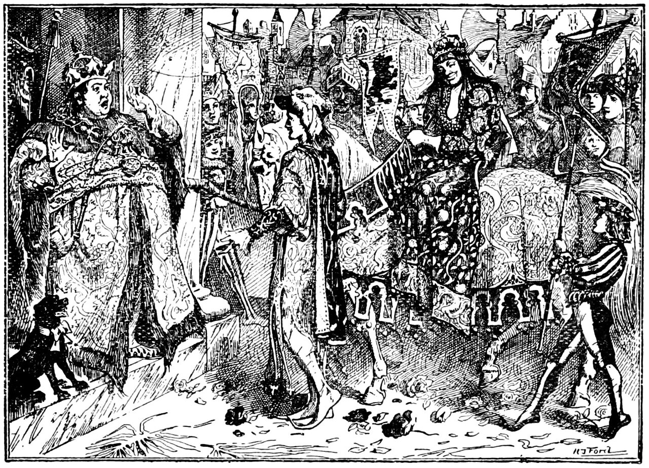 Tubby, hugely fat in a crown and a fur-lined patterned robe, stands at the head of a flight of steps with one hand flung up and his mouth open, a small black dog at his feet, Désiré below him in a long gown and soft cap looking towards him, and at the right Titty rides in crowned and jewelled on a horse in an embroidered trapper, her face dark, among helmeted guards, banners and the towers of a town