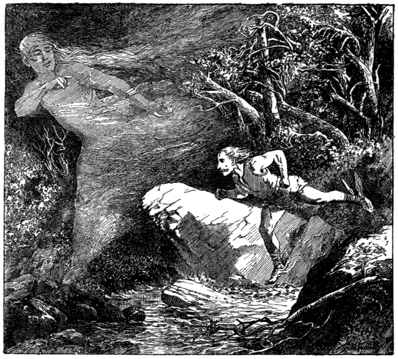 A huge pale half transparent figure with long streaming hair sweeps low across a rocky wooded hillside, one hand raised with a finger extended and its body trailing away into the wind, while a young man in a short tunic runs after it, stretched out mid stride across the boulders above a stream in the gully below