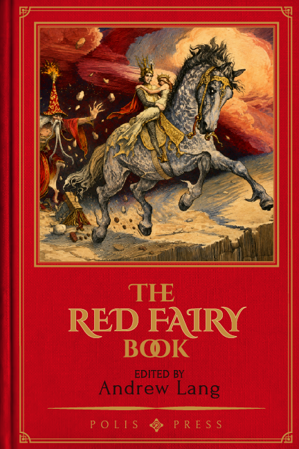 A crowned rider in red and gold on a rearing dappled grey horse, wheeling away from a flame and a pair of grasping hands under a red sky, with coins scattering underfoot.
