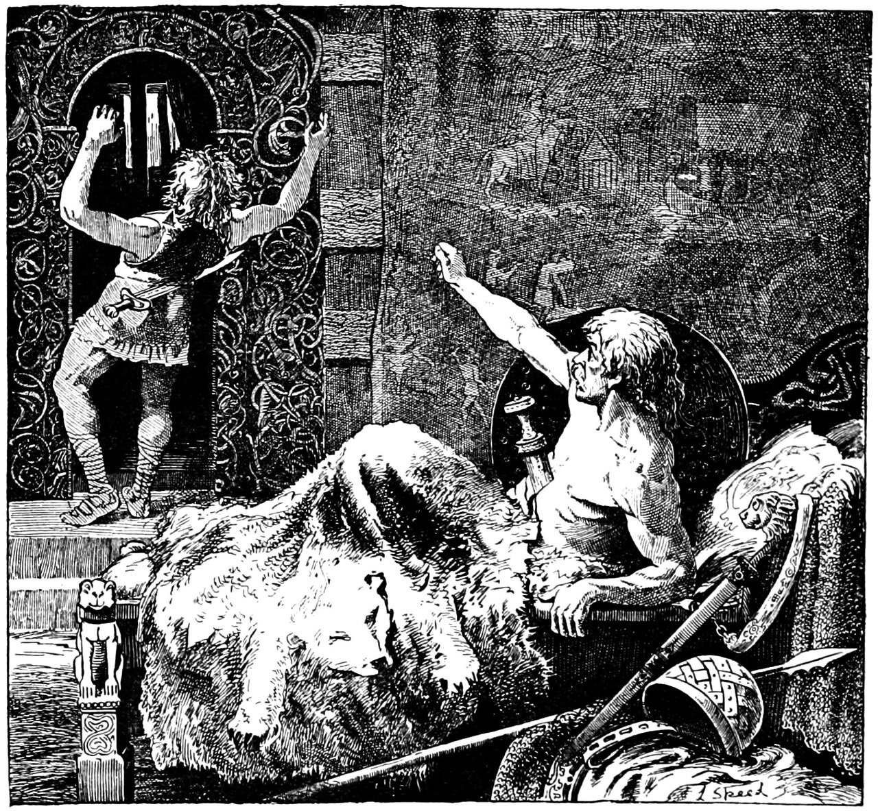 A bare chested long haired man half risen from a bed spread with a great white bearskin flings his open right hand out after a throw, a sword with an ornamented hilt standing point down in the bedding beside him, while in the arched doorway across the room a man in a short tunic and cross gartered leggings is run through by a sword whose hilt juts at his hip and whose point comes out past his shoulder, his arms flung up and his head thrown back