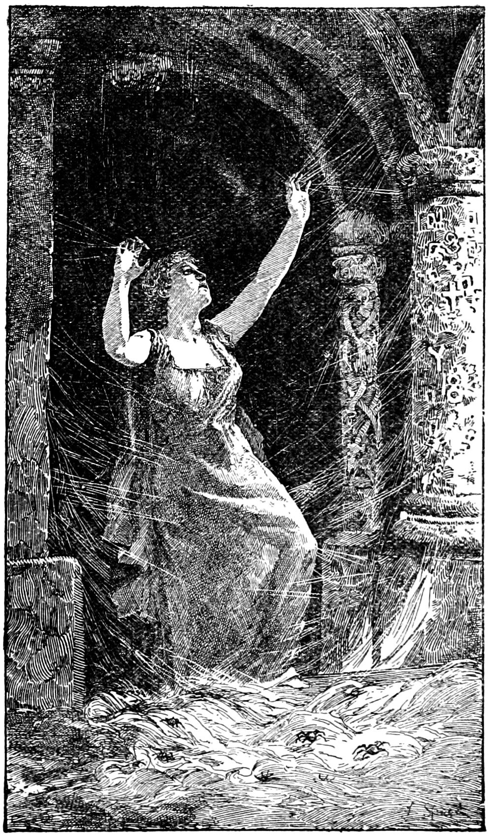 A young woman with both arms raised tears at the heavy cobwebs stretched across a dark vaulted stone doorway, strands of web radiating all round her and spiders crawling in the torn heap at her feet