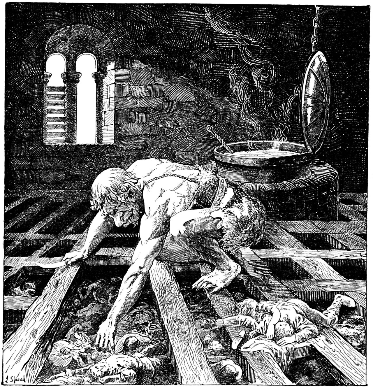 The giant crawls on all fours across a lattice of heavy timbers in a vaulted stone chamber, bare to the waist with a shaggy pelt belted at his hips, his head hung low and a single eye showing under the fallen hair, a long curved knife gripped in one hand and the other arm reaching far down with the fingers spread among the naked bodies sprawled on and below the beams, a steaming riveted vat with its domed lid swung open on a chain standing behind him and daylight falling through a twin arched window in the far wall