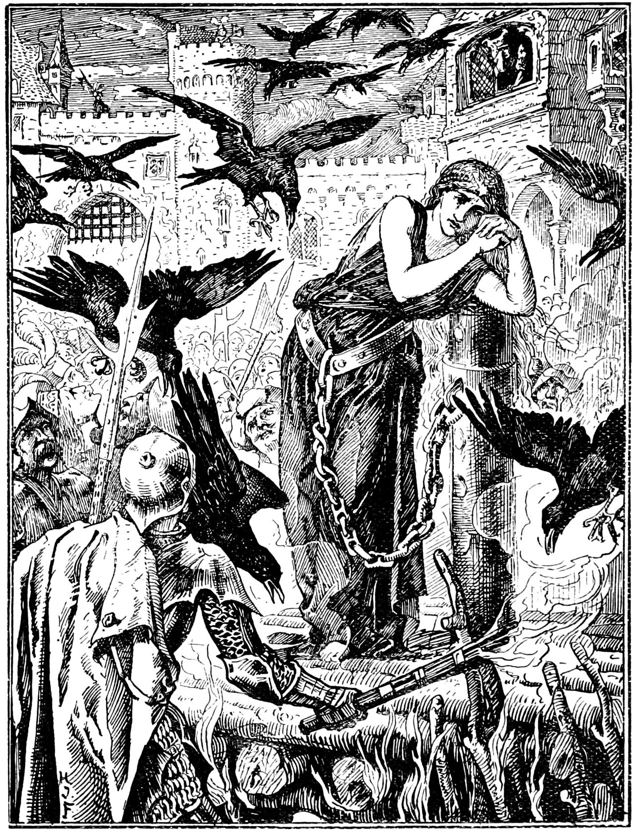 The Princess stands bound to a stake by a broad riveted iron band and a looping chain, her head bowed and her hands clasped at her chin, a star flaring above her brow, as flames and smoke rise from the faggots heaped at her feet, ravens sweep down on both sides, helmeted soldiers and onlookers press in around her, and figures look down from an arched window in the wall above