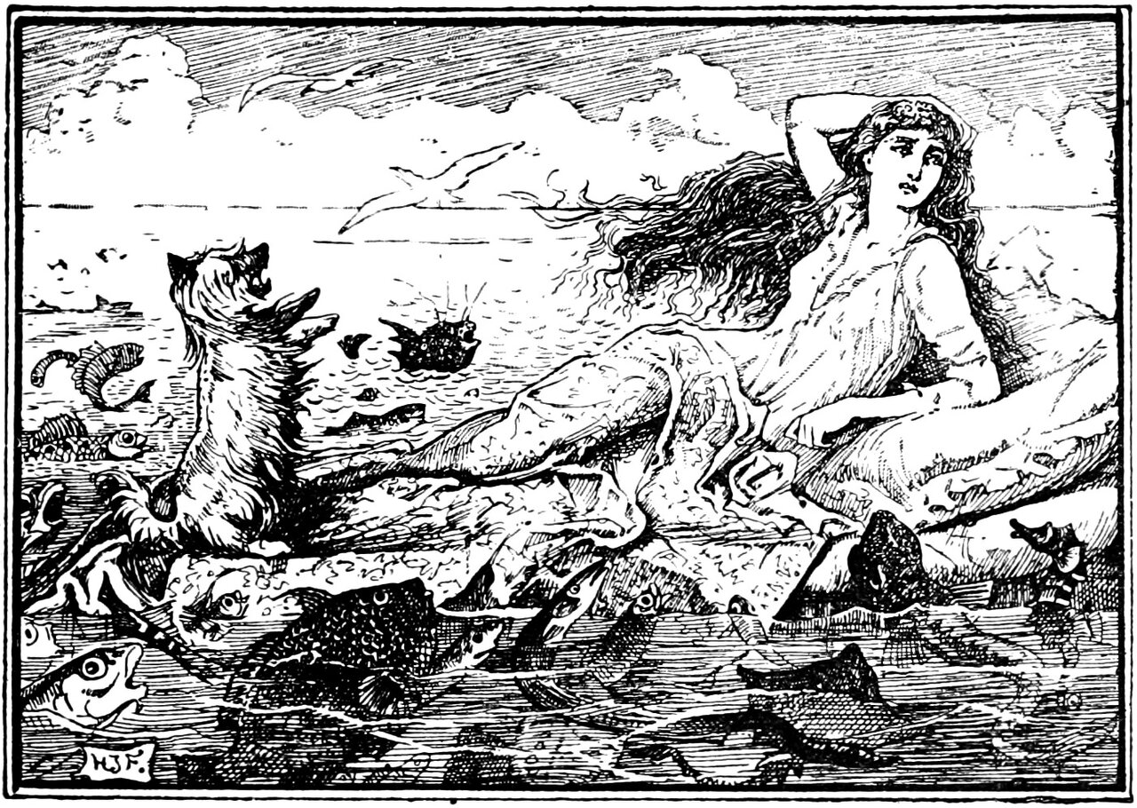 Rosette lies propped up on her bed floating on the open sea, one arm bent behind her head and her long loose hair streaming out across the water, while at the foot of the bed the little dog Frisk stands with his head thrown back and his mouth open, fish crowd in around the bedding with their heads and fins breaking the surface, and a gull flies over