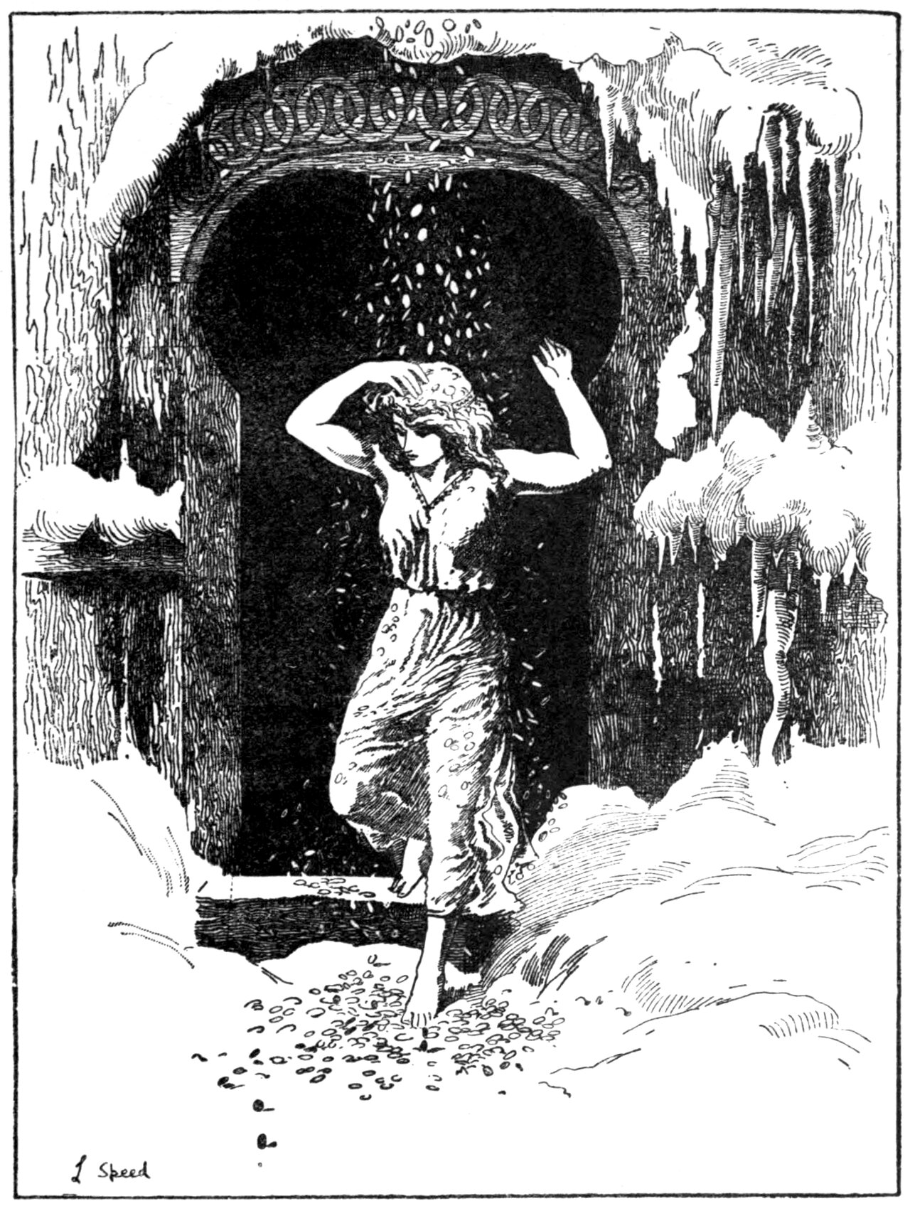 The pretty stepdaughter stands barefoot in the mouth of a deep dark archway crowned with a band of carved interlaced rings, her arms raised on either side of her bowed head, while a shower of coins pours down through the darkness over her and lies scattered thick on the ground about her bare feet, with snow banked on the arch and on the dark foliage to left and right