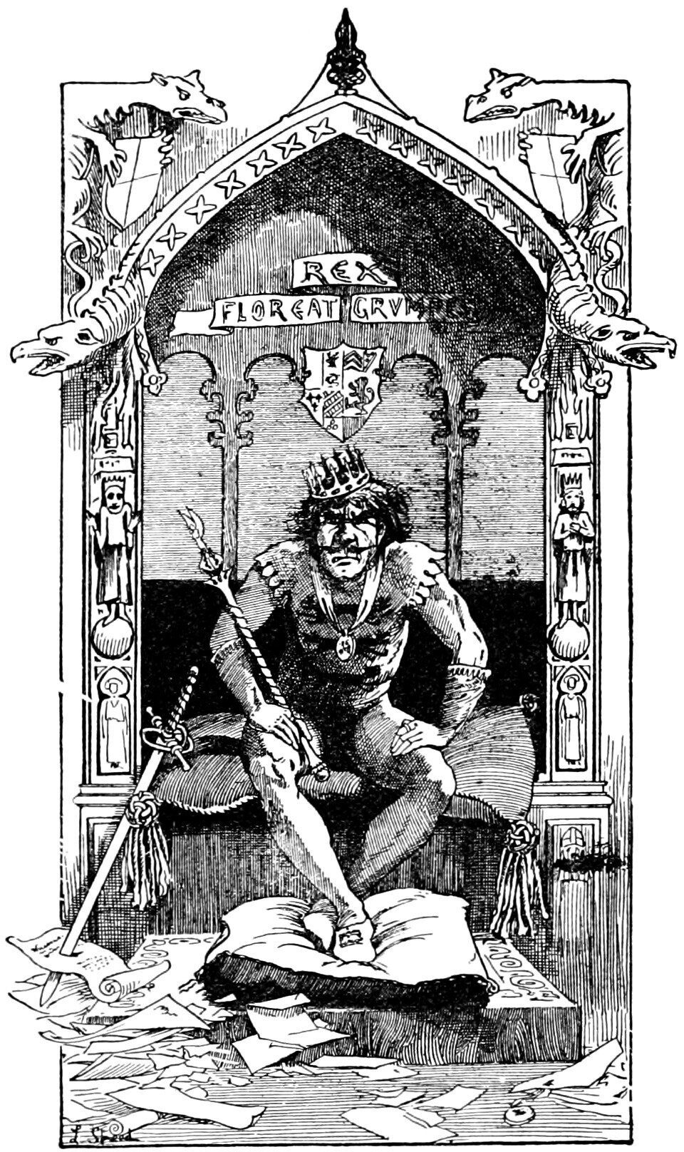 King Grumpy sits alone and scowling on a canopied throne, crowned and in a fur-collared mantle, gripping his sceptre with one bare foot planted on a cushion, a sword leaning at his side and torn papers and scrolls strewn over the floor around him