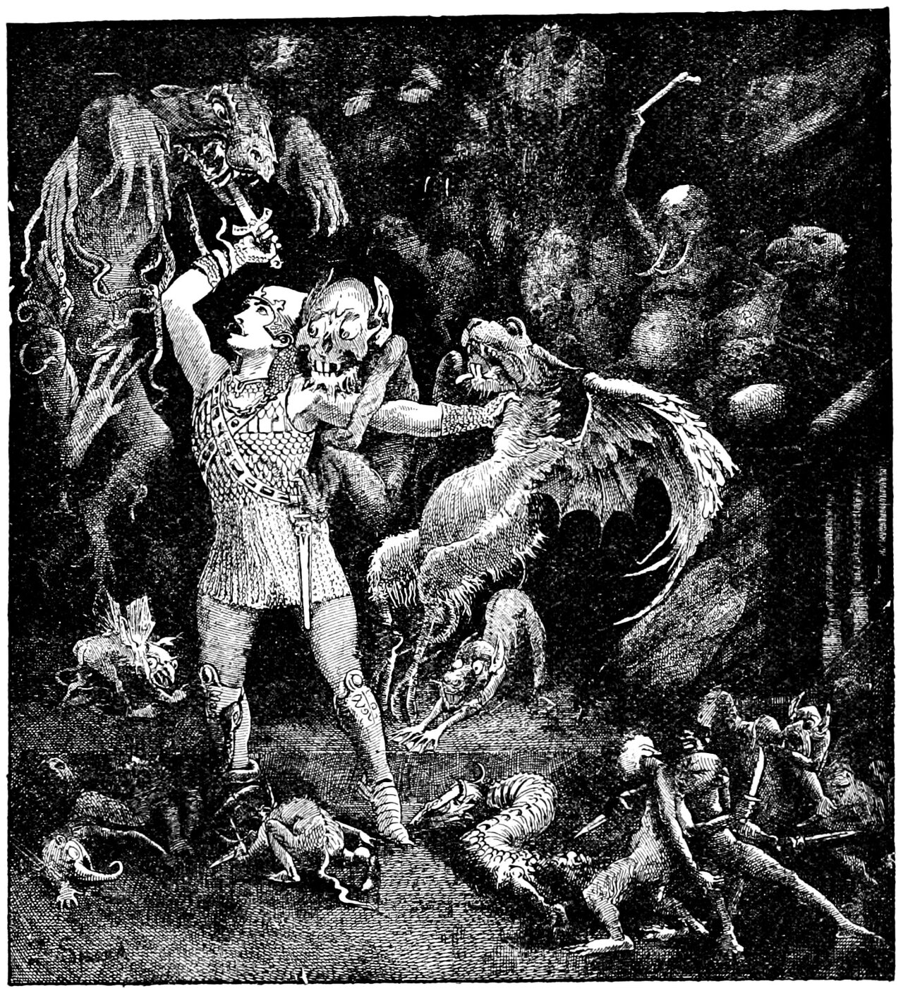 A young man in scale armour stands at bay in the dark, one fist raised driving a dagger up into the jaws of a long-jawed winged grotesque, a skull-faced goblin pressed against his shoulder and a winged goat-bodied beast rearing at his other side, while misshapen creatures crawl over the floor and more crowd in from the right carrying blades