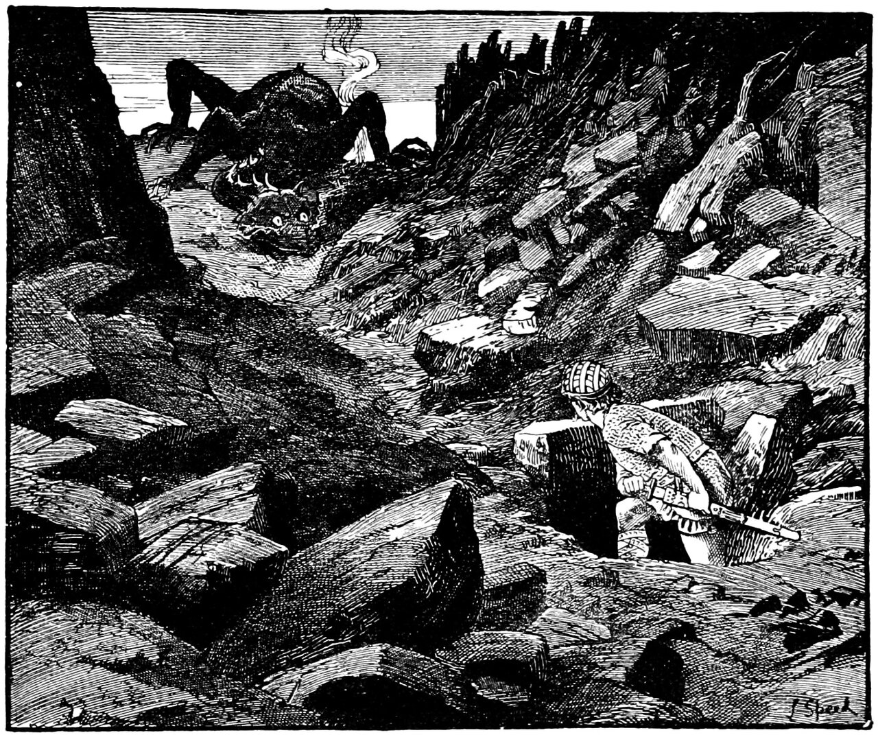 In a ravine of broken stone slabs a man in a banded helmet and a mail coat crouches in a pit, one hand on the hilt of his sword, while a dark four legged dragon crawls over the ridge above him with a wisp of vapour curling from its back
