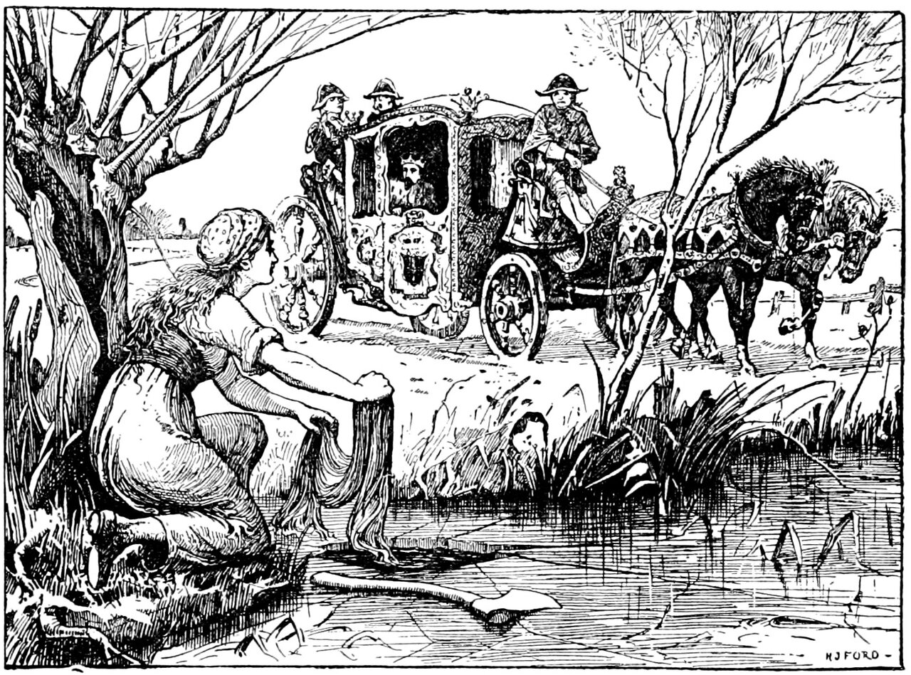 A girl kneels on the bank at the edge of a frozen river, holding a long hank of yarn that hangs from her hands into a hole broken in the ice, with a long-handled axe lying on the ice beside it. Her head is turned towards the road behind her, where an ornate armorial state coach stands: two plumed horses in harness, a coachman in a cocked hat on the box, two footmen in cocked hats on the platform at the back, and a bearded man wearing a crown looking out of the coach window.