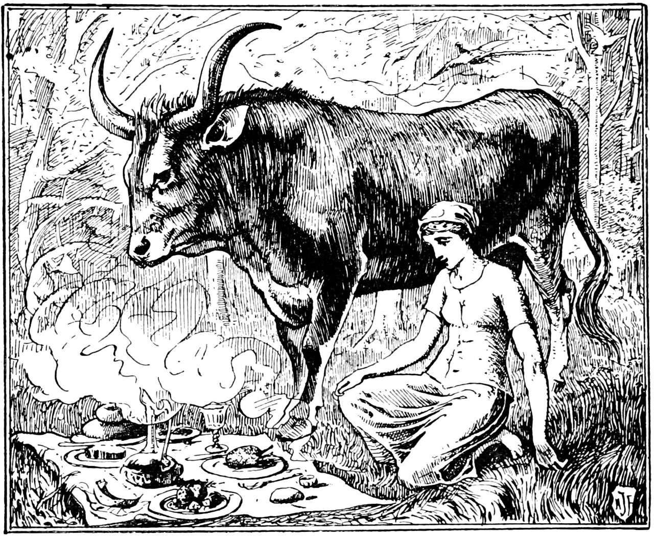 The Blue Bull stands in a wood with his long pale horns and his head lowered, and beside him the King's daughter sits on the grass in a plain short-sleeved gown with a cloth bound round her head, looking down at a cloth spread on the ground before them that is covered with plates of meat and fruit, a covered dish and a stemmed goblet