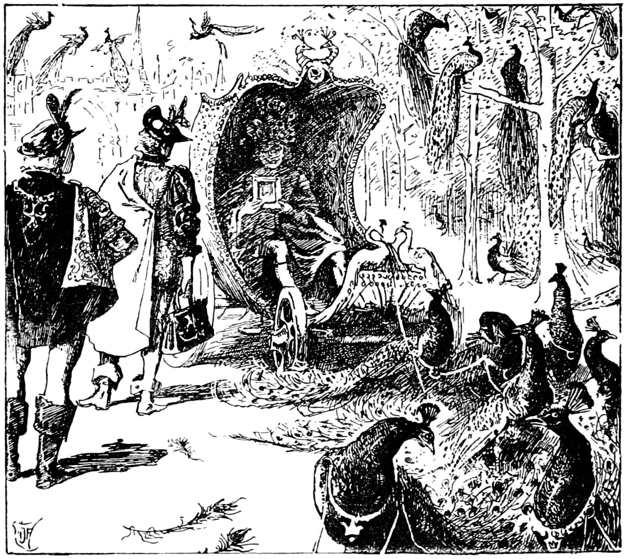 The King of the Peacocks sits in a carriage whose tall shell-shaped back is topped by two crested peacocks' heads, holding a small framed picture up in both hands, while Rosette's two brothers stand at the left with their backs to the viewer in plumed hats, cloaks and boots, one of them with a satchel at his hip and a staff in his hand, a team of peacocks waits in harness at the right, and more peacocks perch in the trees and along the roofs of a distant city