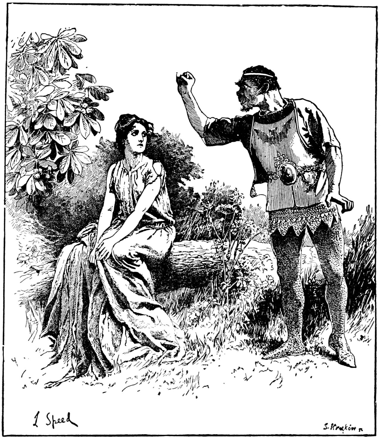 A young woman in a plain sleeveless gown torn at the shoulder sits on a low bank at the edge of a thicket with her hands in her lap, looking up at a heavy-featured man in a belted tunic, patterned hose and pointed shoes who stands over her, scowling down at her with one fist raised
