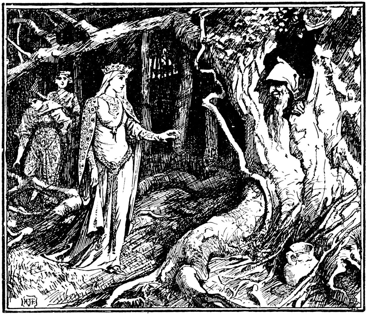 The Queen, crowned and wearing a long veil and a patterned mantle, stands among the trunks and roots of a dark forest with one hand held out toward the hermit, a long-bearded old man in a pointed hood who looks out from the hollow of a great pale tree, while two attendants wait behind her in the shadow