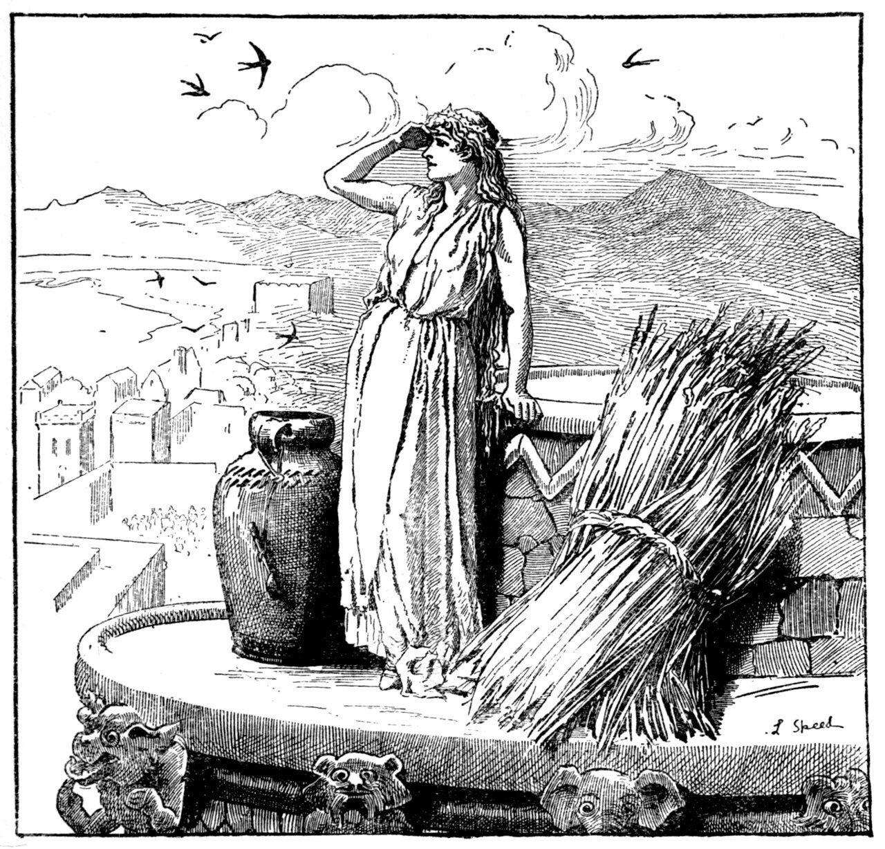 The Queen stands alone on the flat top of a round tower, a pointed jewelled coronet set in her loose wavy hair and one hand raised to her brow to shade her eyes as she stares out over a walled town, a river plain and distant mountains, with a big dark earthenware jar standing on one side of her and a straw bound sheaf of long stalks leaning on the other, swallows crossing the sky and a small crowd of tiny figures gathered on the roofs far below