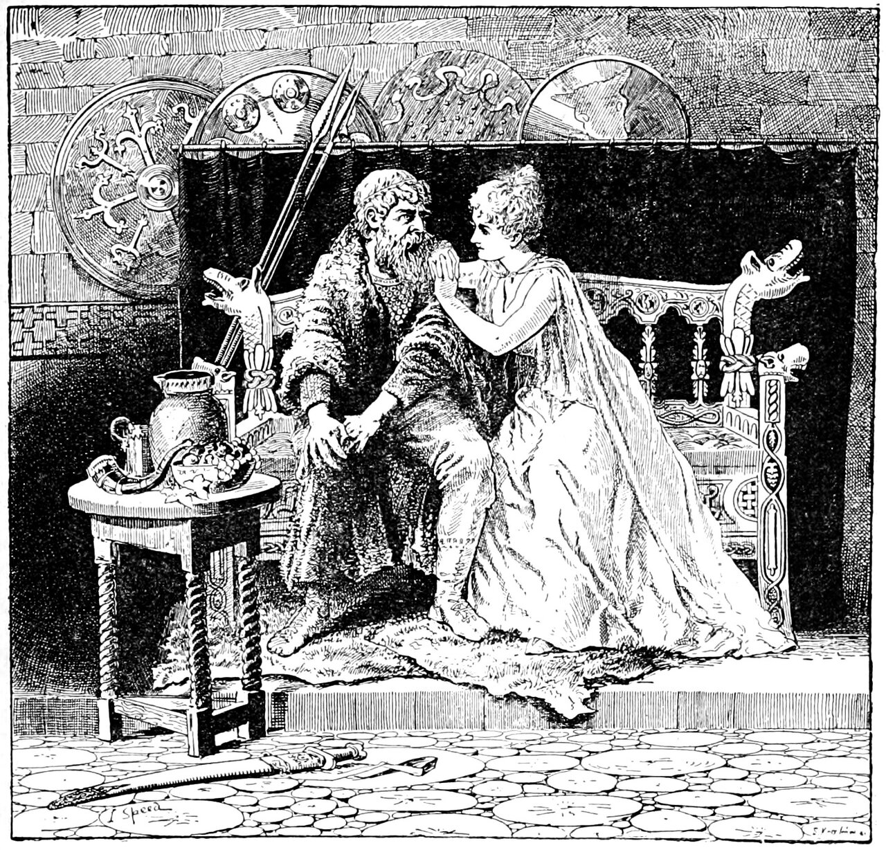 Koshchei the Deathless, bearded and wearing a leafy circlet and a fur-collared robe, sits forward on a carved bench with beast-head finials, hands over one knee, while Marya Morevna in a pale gown and cloak sits close against his shoulder with a hand laid on it and her face turned to his; a small table at the left carries a jug, a drinking horn and a bowl of fruit, a sword and an axe lie on the cobbled floor, and round shields and a spear are on the wall behind