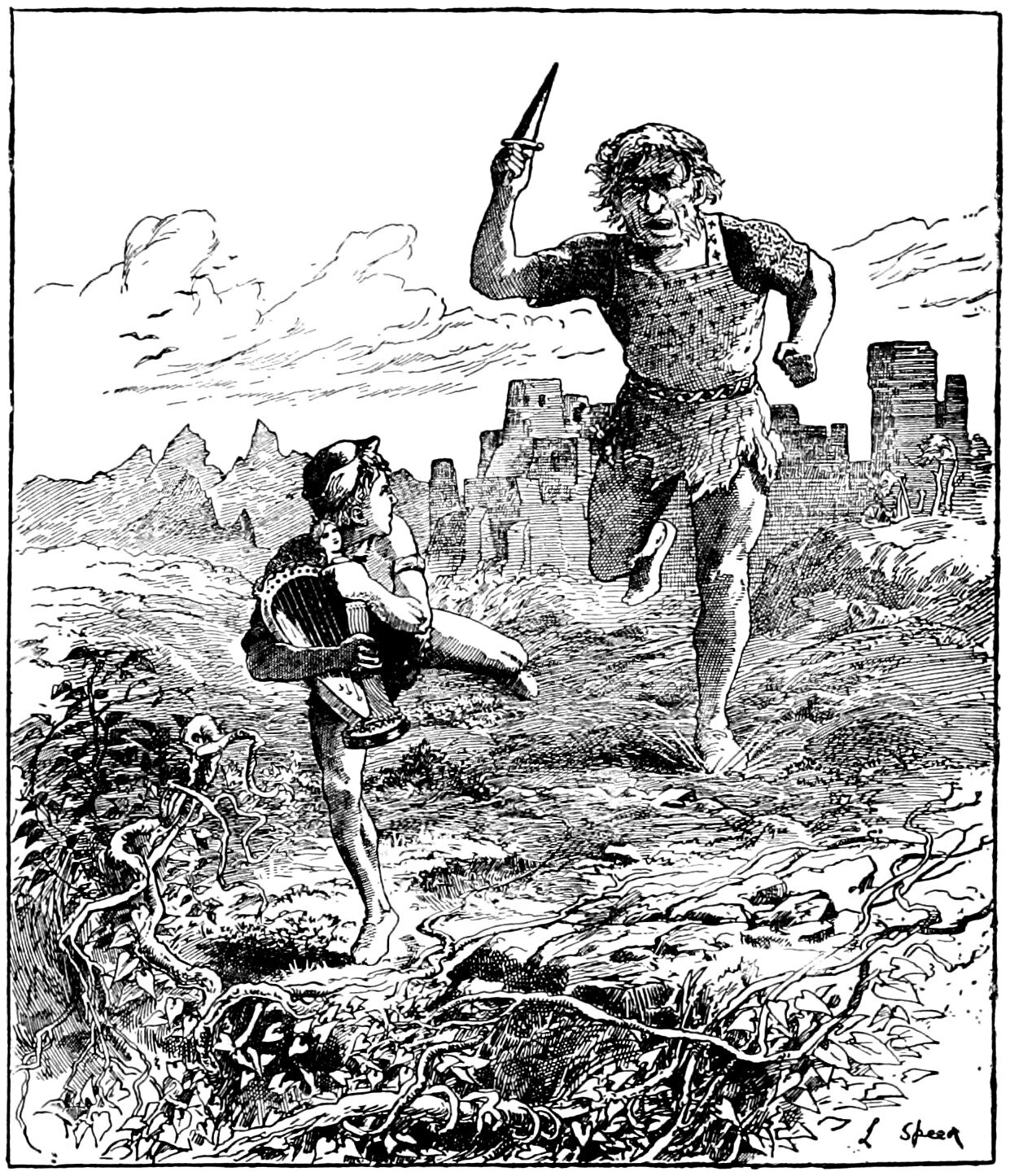 Jack runs to the left over rough open ground with the harp clutched against his chest, a small carved head at the top of its frame, his own head turned back towards the Giant, who strides barefoot after him in a studded jerkin and a shaggy kilt of skins with a dagger raised above his head, ruined castle walls reaching only to his waist behind him and a tangle of leaves and twisting stems along the foot of the picture
